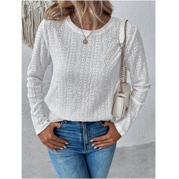White Long Sleeve Tee Shirt Eyelet Embroidery Somewhat Sheer Round Neck - Picture 4 of 9